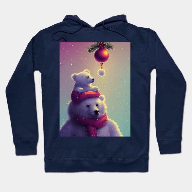 A polar bear in a red scarf with a bear cub on his shoulders. Hoodie by MorningPanda